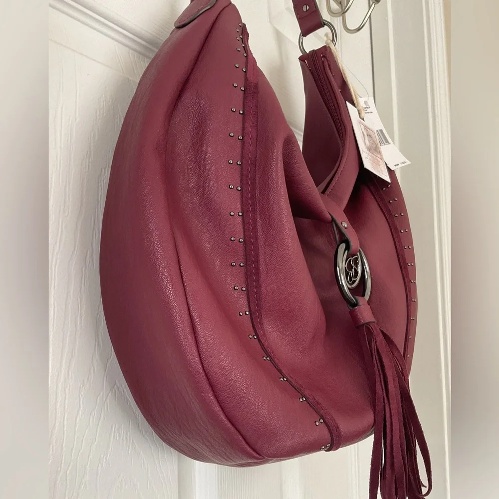 Jessica Simpson Natalie Hobo Bag Burgundy Studded Tassel Shoulder Bag NWT